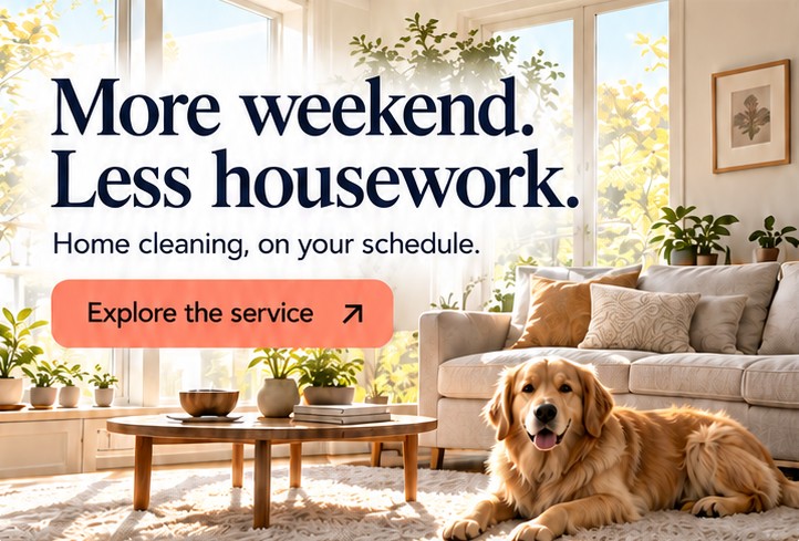Illustrative social post: the living room with the golden retriever. Headline: More weekend. Less housework.